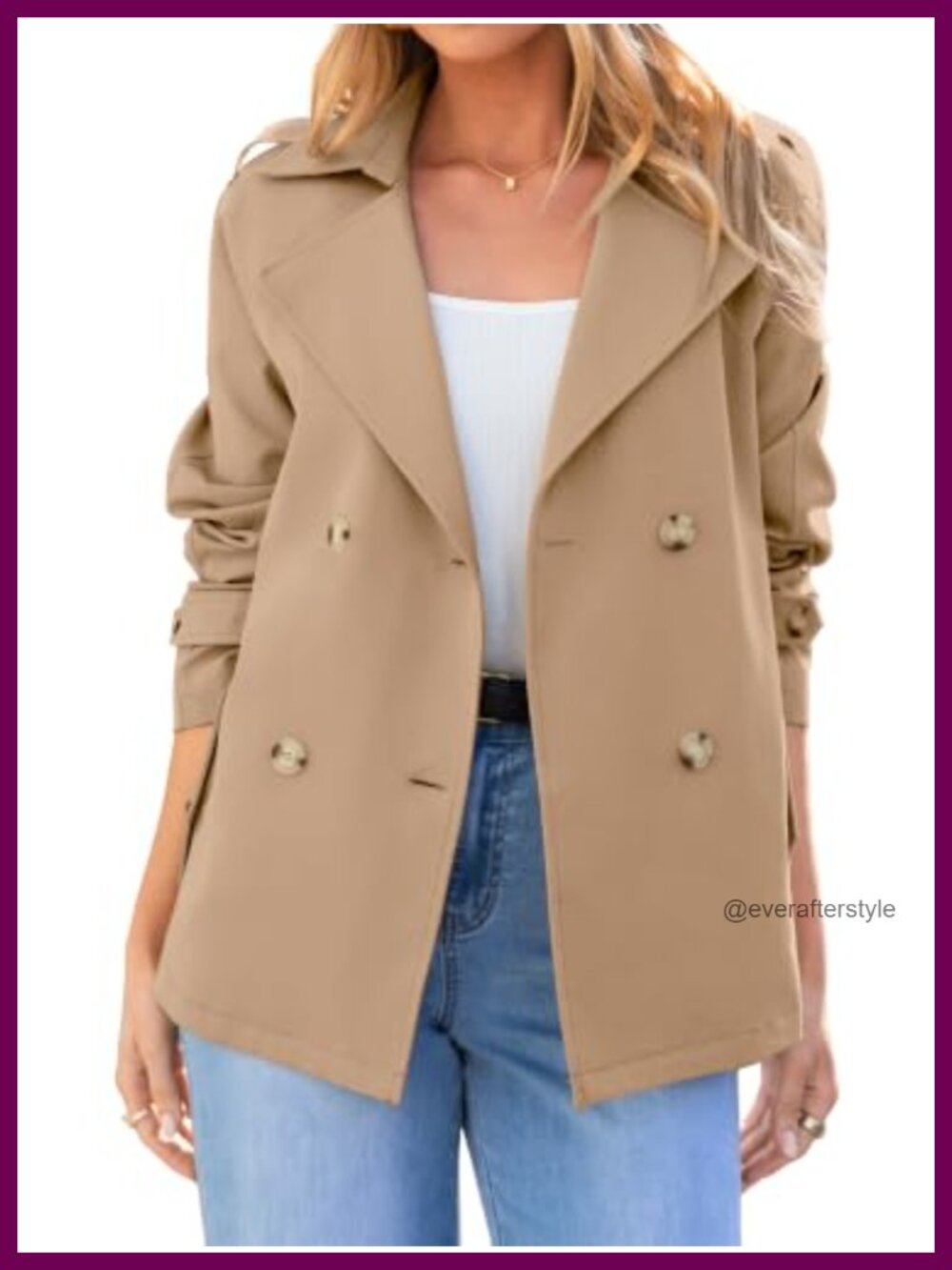 Simplee Women's Double Breasted Cropped Trench Coat Lapel Lightweight